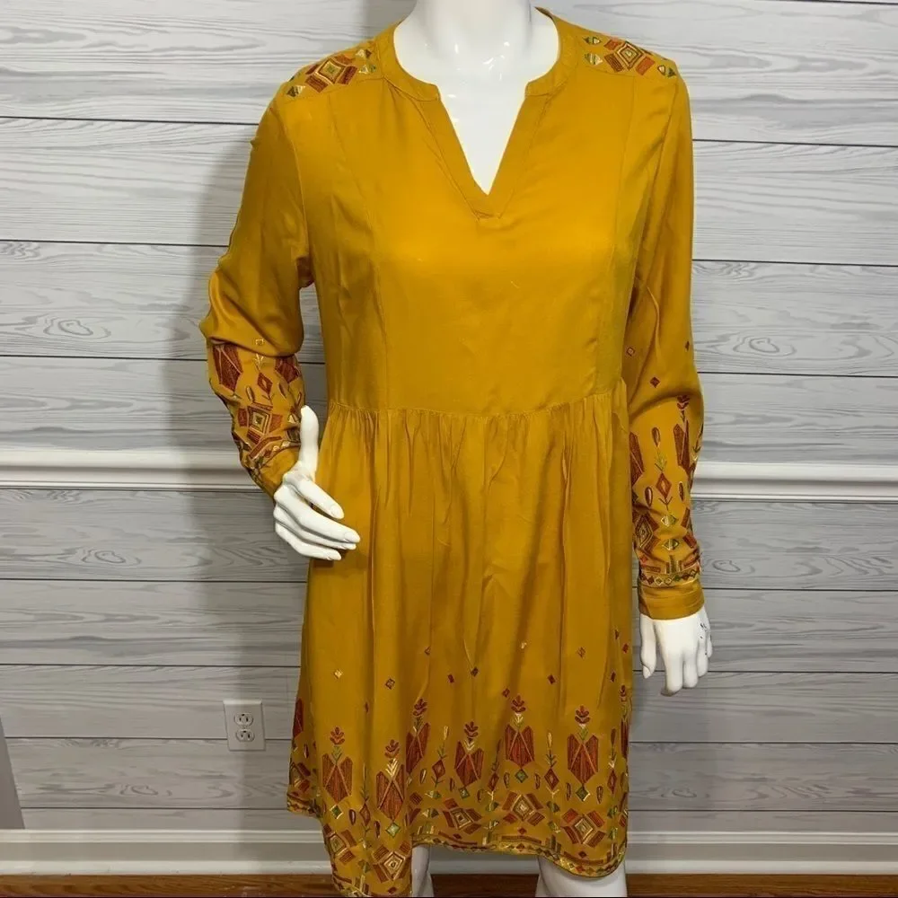 Beach Lunch Lounge Mustard Yellow Aztec Finely Embroidered Boho Dress - S‎